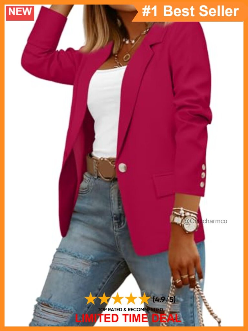 Women's Button Front Business Casual Blazer Jacket Notch Lapel Lightweight